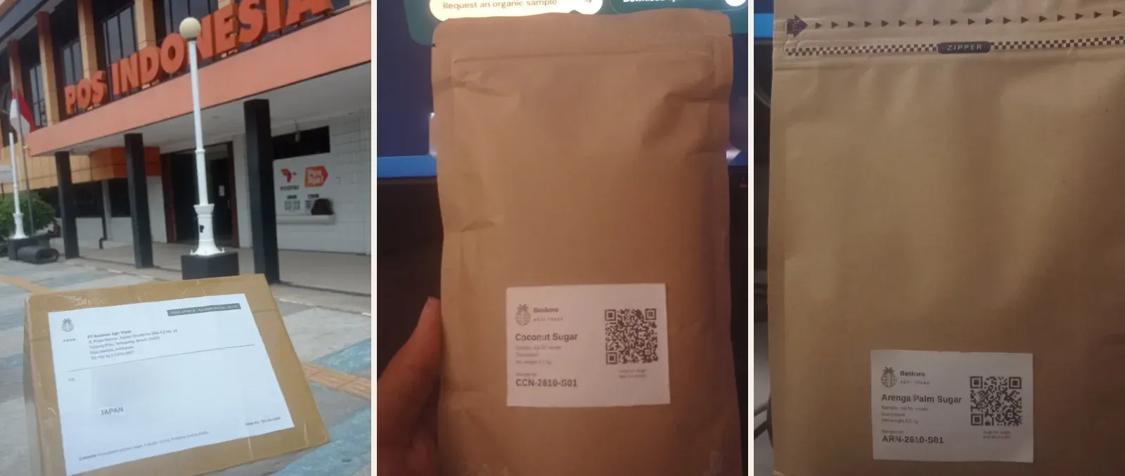 Sample parcel for Japan at the Pos Indonesia office in Batam, and the coconut sugar and arenga palm sugar pouches sent to Singapore